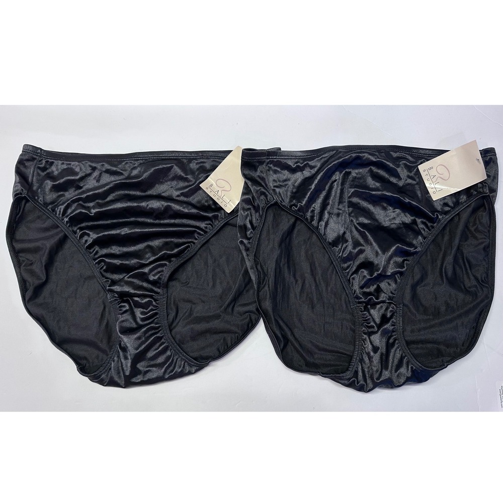 Vintage Bali Studio Womens Panties Size 8 Black Hi-Cut Satin 2-Pack USA NWT